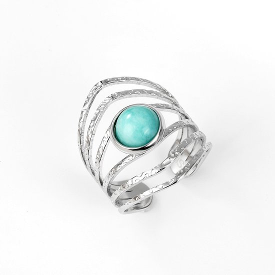 Ring – Rvs – Amazoniet – Blauw - edelsteen - zilverkleurig 18K PVD plating – Verstelbare – Brede ring – Opengewerkte - Makkelijke voor mensen met moeilijke en artrose vingers