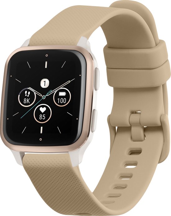 Bracelet de montre connectée en TPU beige avec des activités sportives affichées à l'écran.