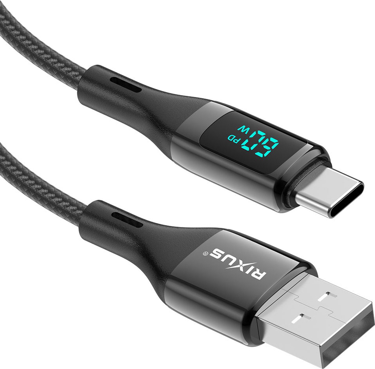 Rixus - USB A naar USB-C kabel - 1 meter - gevlochten kabel - met LED display - Sneller opladen - kabel