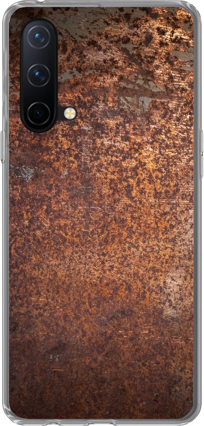 Coque de téléphone transparente avec un imprimé détaillé en acier rouille brun au dos.