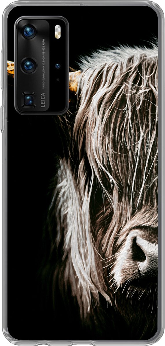 Telefoonhoesje Geschikt voor Huawei P40 Pro hoesje - Schotse hooglander - Goud - Hoorns - Zwart wit - Koe - Dieren - Siliconen Telefoonhoesje Telefoonhoesje