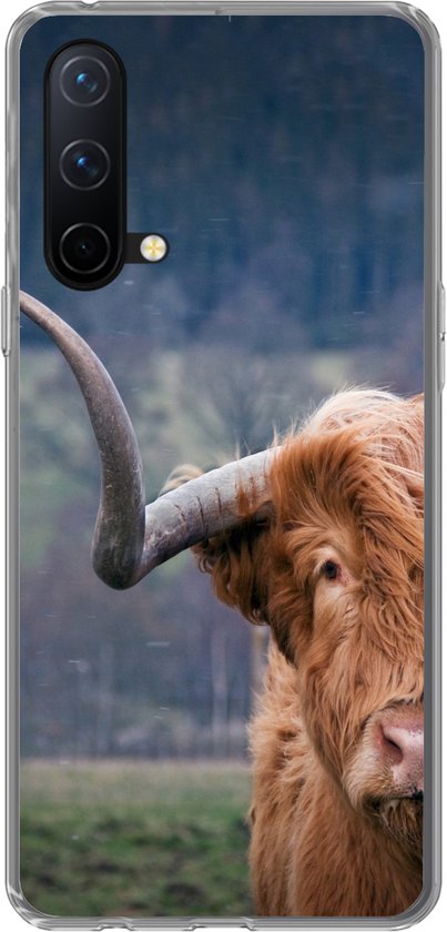 Coque de téléphone avec une tête de vache Highland, longues cornes, pelage brun rougeâtre.