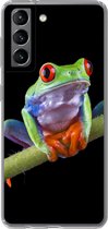 Geschikt voor Samsung Galaxy S21 hoesje - Kikker - Plant - Zwart - Siliconen Telefoonhoesje