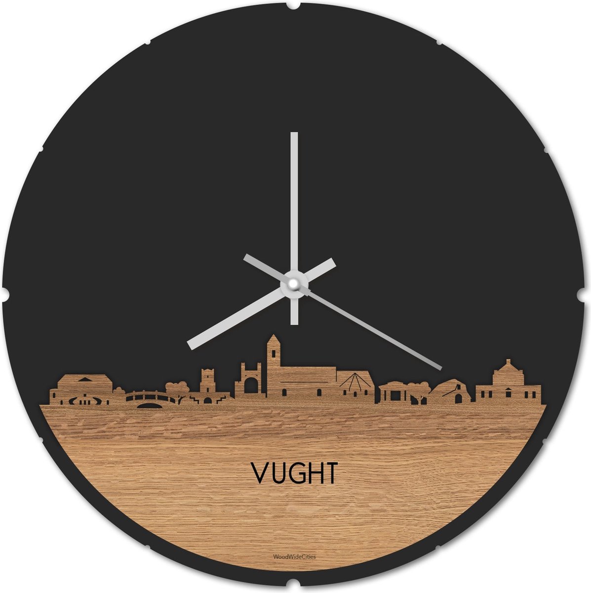 Skyline Klok Rond Vught Eikenhout - Ø 44 cm - Stil uurwerk - Wanddecoratie - Meer steden beschikbaar - Woonkamer idee - Woondecoratie - City Art - Steden kunst - Cadeau voor hem - Cadeau voor haar - Jubileum - Trouwerij - Housewarming -
