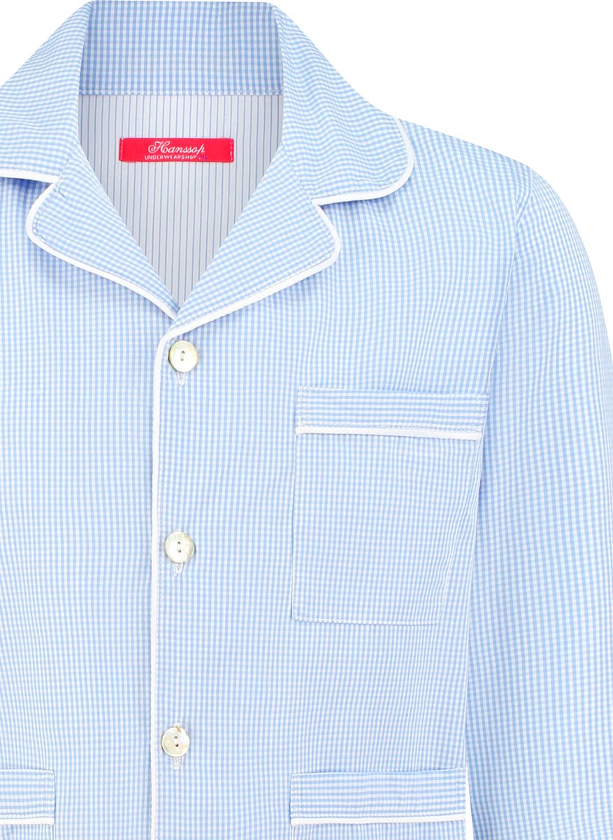 Exclusief Luxueus Kinder nachtkleding Luxe 100% katoenen zacht blauwe Klassieke Jongens geruite Pyjama van Hanssop met verfijnde randrand details en luxe parelmoer knoop verwerking, Jongens Pyjama, zachte geruite blauw geweven katoen , maat 152