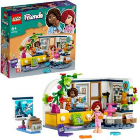 LEGO Friends 41740 doos en speelgoedkamer met Aliya, Paisley, puppy en filmkijken.