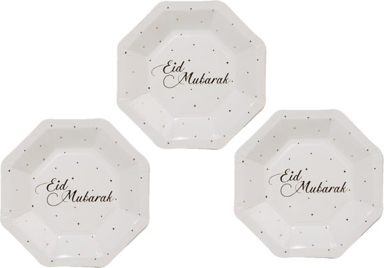 8 stuks kartonnen Bordjes Eid Mubarak Ramadan Decoratie 18 cm - Wit/Goud - Islamitiche Moslimfeest - Decor Ramadan - Feestdecoratievoorwerpen