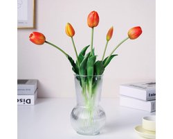 16 inch Premium Real Touch Nep Tulpen Kunstbloemen met knoppen, flexibele steel gemakkelijk te vormen, Faux Tulpen voor Home Decor Indoor (Vaas niet inbegrepen), 5-Pack Set van Sunset Orange