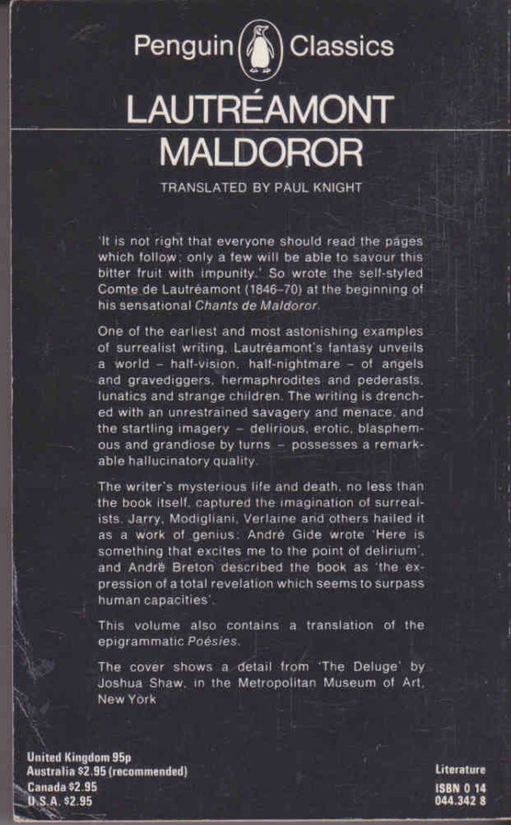 Achterkant boek 'Maldoror' van Lautréamont, Penguin Classics, met tekst over het boek en de auteur.