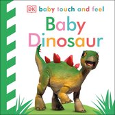 Groene en gele baby dinosaurus met rode stekels op zijn rug, met de tekst 'DK baby touch and feel Baby Dinosaur'.