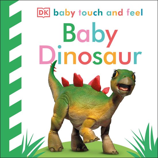 Groene en gele baby dinosaurus met rode stekels op zijn rug, met de tekst 'DK baby touch and feel Baby Dinosaur'.