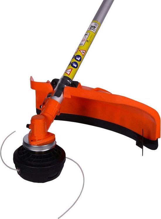 Zicht op de oranje beschermkap en de draadkop met maaidraad op de Kibani bosmaaier.