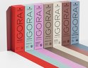 Rijen Schwarzkopf IGORA haarkleurdozen in verschillende kleuren: rood, roze, paars, beige, lichtbruin, bruin en blauw.