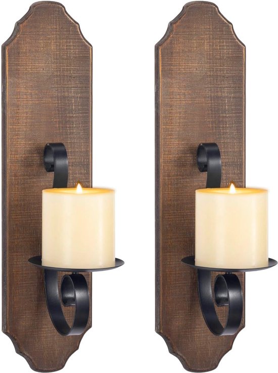 Wandkaarsenhouderset hout van metaal (set van 2), kaarsenhouder op rustiek hout, wandlamp, wanddecoratie