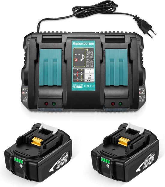 SIDANO® accu / batterij set met dubbel lader ter vervanging voor Makita gereedschap 18 V - 5000 mAh - 2 batterijen en lader