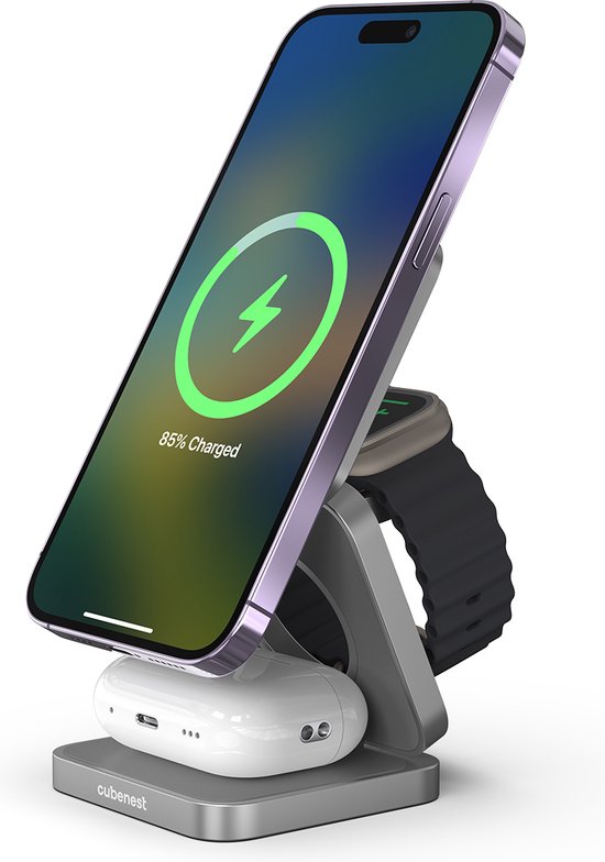 Cubenest 3-in-1 opvouwbare aluminium draadloze oplader, compatibel met Magsafe, draadloze oplader voor iPhone 12-15, Apple Watch 7/8/9, Ultra/2, totaal vermogen 20 W, grijs