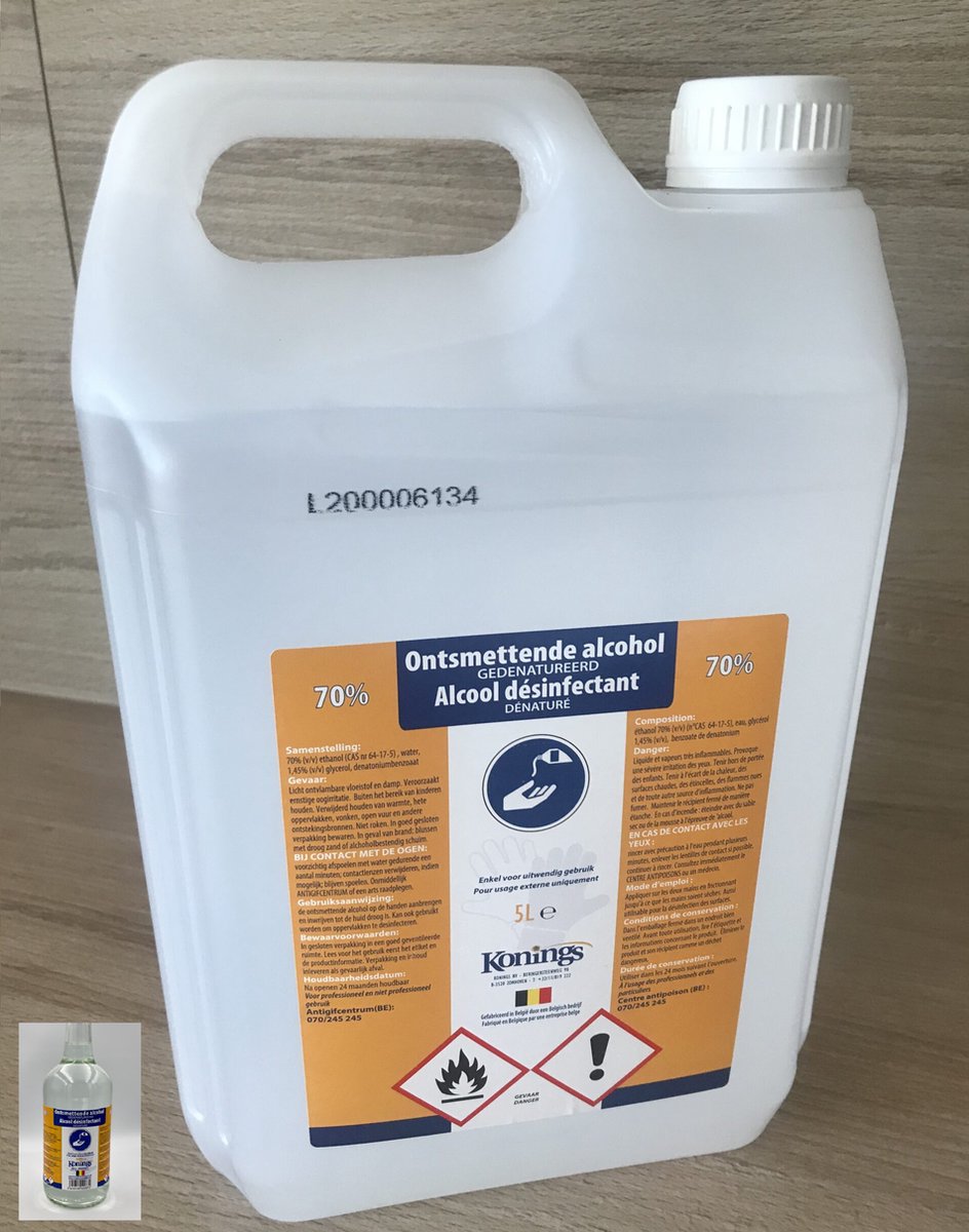 Goedkoopste desinfecterende handgel Alcohol 70 op basis van pure Ethanol alcohol 96 /- 20 water /- 3 Denatoniumbenzoaat een mengsel om niet-drinkbaar te maken