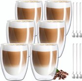 Set van 6 dubbelwandige latte macchiato glazen (6 x 350 ml), thermische koffieglazen voor cappuccino, latte, ijs, melk, met lepel