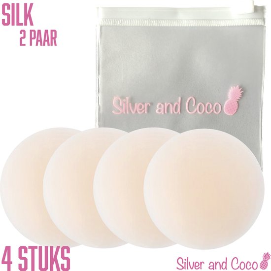 SilverAndCoco® - 2 Paar (4 stuks) Tepelplakkers herbruikbaar / Zelfklevende Invisible Tepelcovers Nipple Covers / Onzichtbare Siliconen Tepel bedekkers BH Pads Silicone Nipple Stickers Dun - 4 stuks (2 sets) met tasje / Lichte Huid - 8 cm