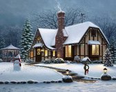 Diamond painting - Huisje in de sneeuw - kerstsfeer - 30 x 30 cm - Ronde steentjes