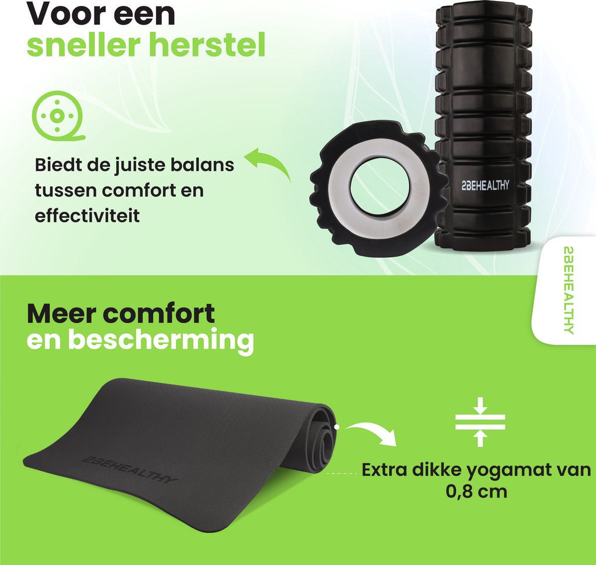 2BEHEALTHY Yogamat & Foamroller Set - Yogamat Antislip 0,8 m - Sportmat - Joga Mat - Fitnessmat - Meditatiemat - Exercise Mat - Massage Roller - Foamrol thumbnail 5
