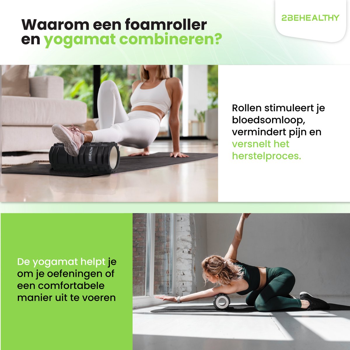2BEHEALTHY Yogamat & Foamroller Set - Yogamat Antislip 0,8 m - Sportmat - Joga Mat - Fitnessmat - Meditatiemat - Exercise Mat - Massage Roller - Foamrol thumbnail 3