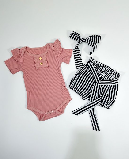 babykleding - meisje - maat 80 -roze -setje - zomer - haarbandje - pofbroekje -streepjes