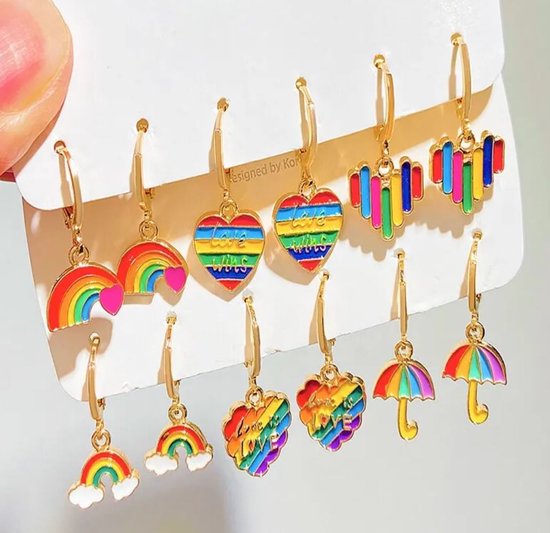 6 paar verschillende oorbellen regenboog