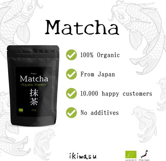 Zwarte verpakking van 125g biologische Matcha poeder, 'From Japan', 10.000 blije klanten, geen toevoegingen.
