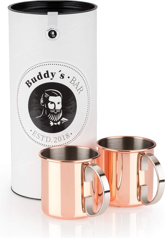 Moscow Mule beker, 450 ml, hoogwaardige roestvrijstalen beker, geschikt voor levensmiddelen, cocktailbeker inclusief geschenkdoos, gepolijst koper, set van 2