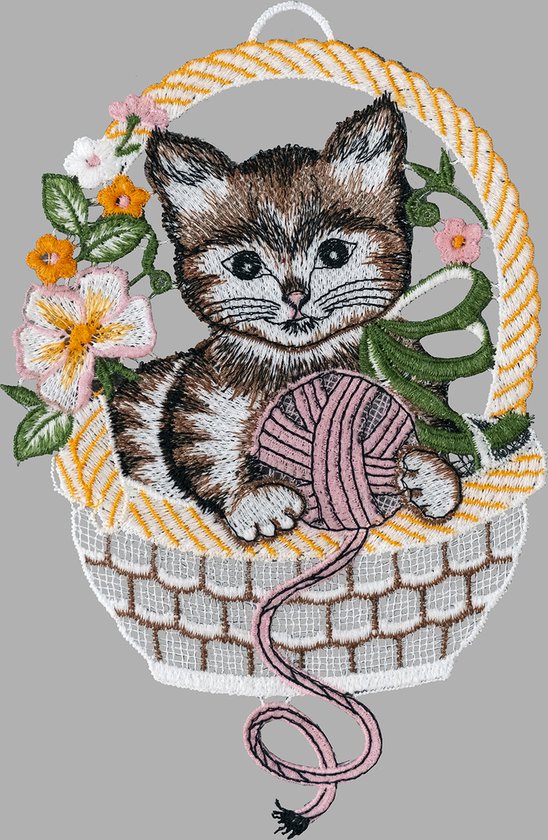 Raamdecoratie - Raamhanger - kat in mand - bolletje wol - met gratis zuignap
