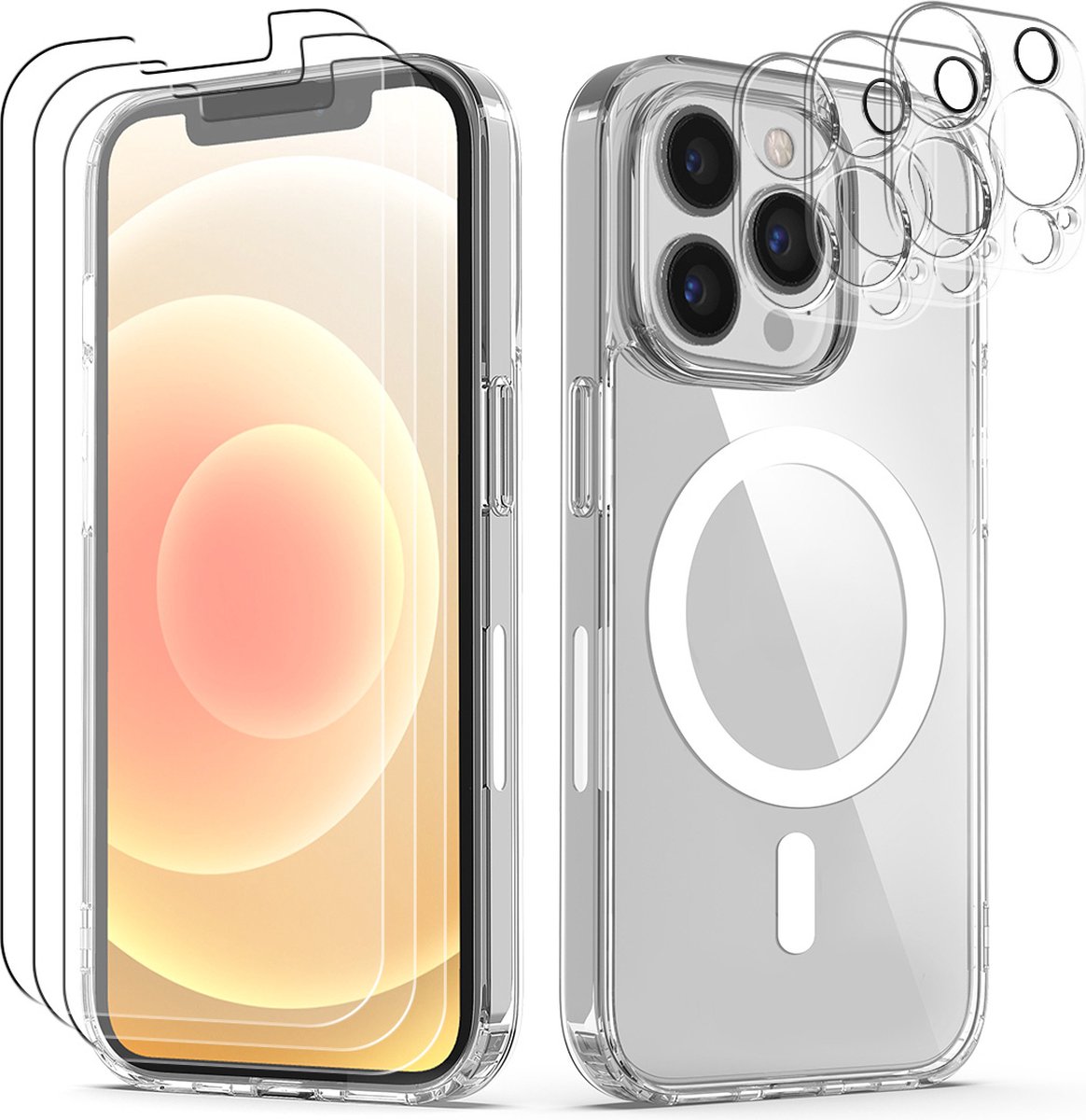 Nuvex Magsafe Hoesje Geschikt voor iPhone 12 Pro - Met 3x Screenprotector + 3x Cameraprotector - Magnetisch met Ring Doorzichtig - Telefoonhoesje Transparant Case