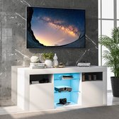 Meuble TV LED Sweiko, table TV, meuble TV avec 2 armoires avec portes et 5 étagères ouvertes, éclairage LED 16 couleurs, Meubles de télévision pour téléviseur jusqu'à 55 pouces, Wit, 120*35*50cm