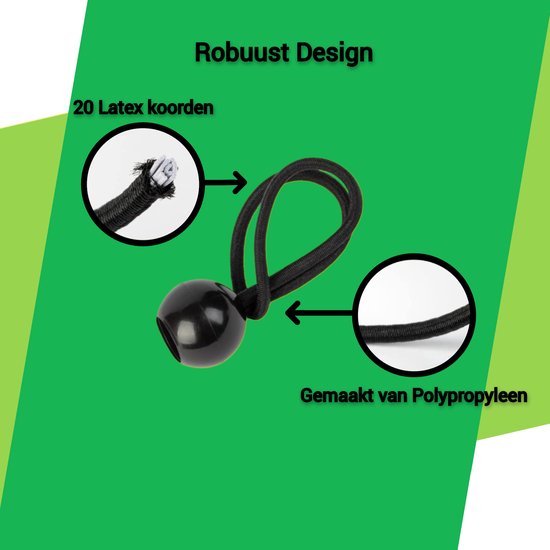 Zwart elastiek met een zwarte bal, toont de binnenkant van het koord en de polypropyleen coating.