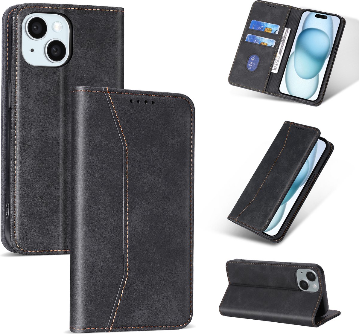 Nuvex Hoesje met Pasjeshouder Geschikt voor iPhone 15 Zwart Telefoonhoesje - Anti-Shock Bookcase Cover met 1x Screenprotector - Wallet Case