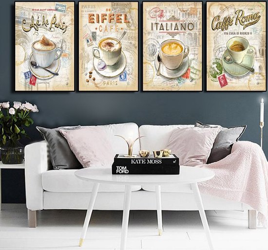 SET van 4 st. Canvas * Internationale Koffie - Café * - Kunst aan je Muur - Kleur - SET 4x 40 x 60 cm