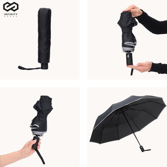 Infinity Goods Stormparaplu - Paraplu - 140 km/u - Reflecterend - Ø 107 cm - Automatisch Uitklapbaar - Beschermhoes - Zwart