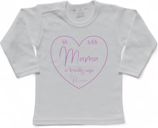 T-shirt Kinderen "De liefste mama is toevallig mijn mama" Moederdag | lange mouw | Wit/lila | maat 80