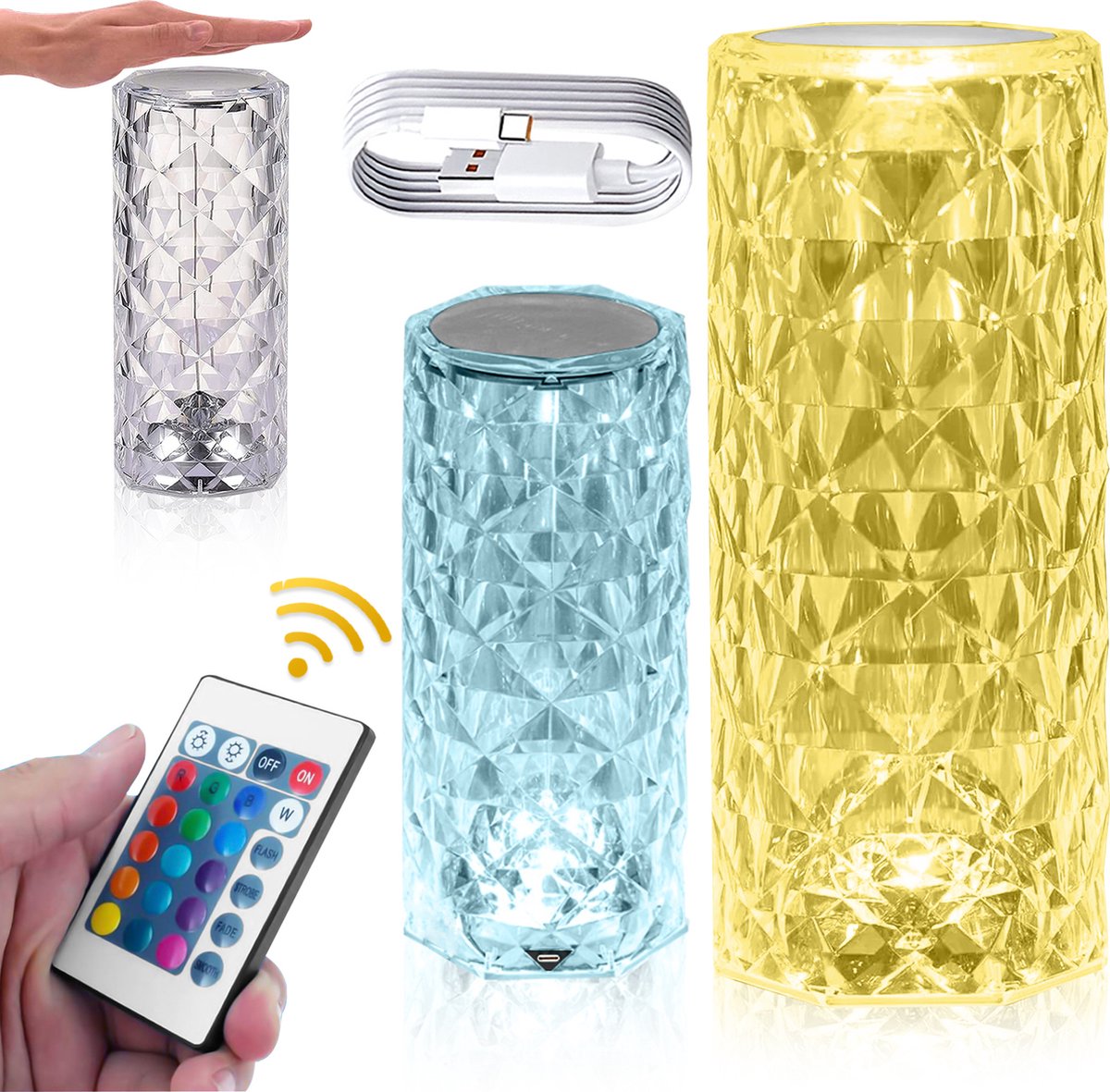 PROKING Kristal Lamp – Luxe tafellamp met speciaal effect – Sfeerlamp met afstandsbediening en touch bediening – Oplaadbaar – Diamond lamp
