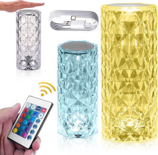 Lampe Cristal PROKING - Lampe de table de Luxe à effet spécial - Lampe d'ambiance avec télécommande et commande tactile - Rechargeable - Lampe Diamond