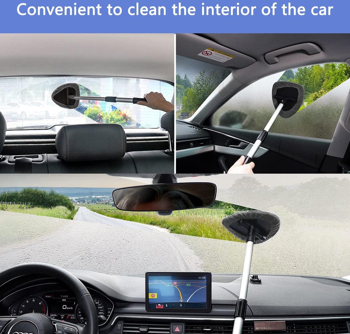 Autoruitreinigingsborstel, 4 Pcs Herbruikbare en Wasbare Microvezelpads, Voorruitreinigingsgereedschap, Intrekbare Aluminium Handgreep Met Intrekbare Handgreep Auto-interieur Ruitenwisserset (Grijs)