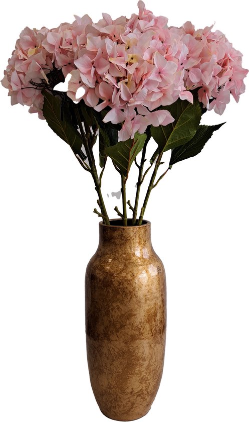 Kunstbloem Hortensia boeket in vaas - groot - lichtroze - 109 cm - Kunst zijdebloemen