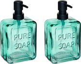 Berilo pompe/distributeur de savon PURE - 2x - vert transparent - verre - 18 x 6 x 10 cm - 570 ml - salle de bain/WC/cuisine