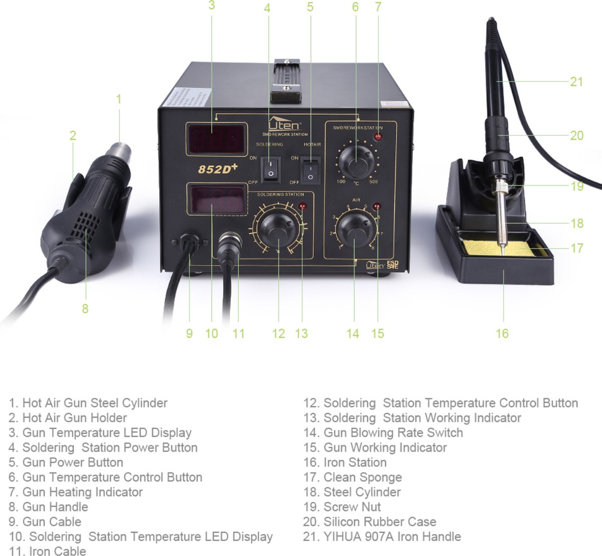 Uten Soldeerstations 852D - 2in1 Soldeerstation Digitaal - 740 W - Heteluchtpistool - 100 ~ 500 °c - Soldeerbout - 200-480°C - Voor Smd Componenten – foto 5