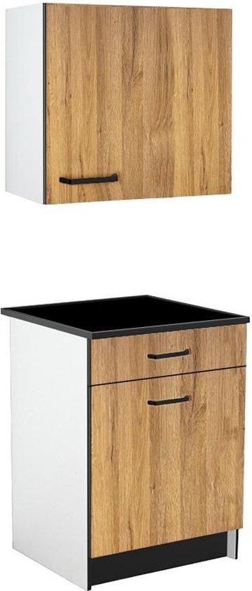 Foto: Keukenkastjes 1 onderkast en 1 bovenkast 2 deurtjes en 1 lade houtlook zwart trattoria l 60 cm x h 84 8 cm x d 60 cm