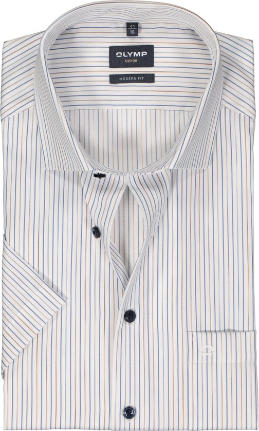 OLYMP modern fit overhemd - korte mouw - popeline - wit met beige en blauw gestreept - Strijkvrij - Boordmaat: 40