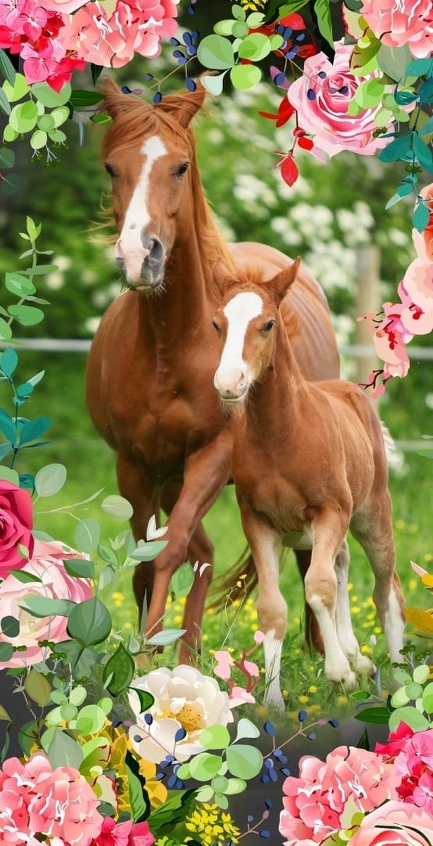 Good Morning Kinderstrandlaken "paarden en bloemen" - Multi - (75x150 cm) - Microfiber