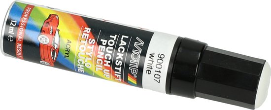 Witte lakstift van Motip, 12 ml, met rode sportwagenillustratie.
