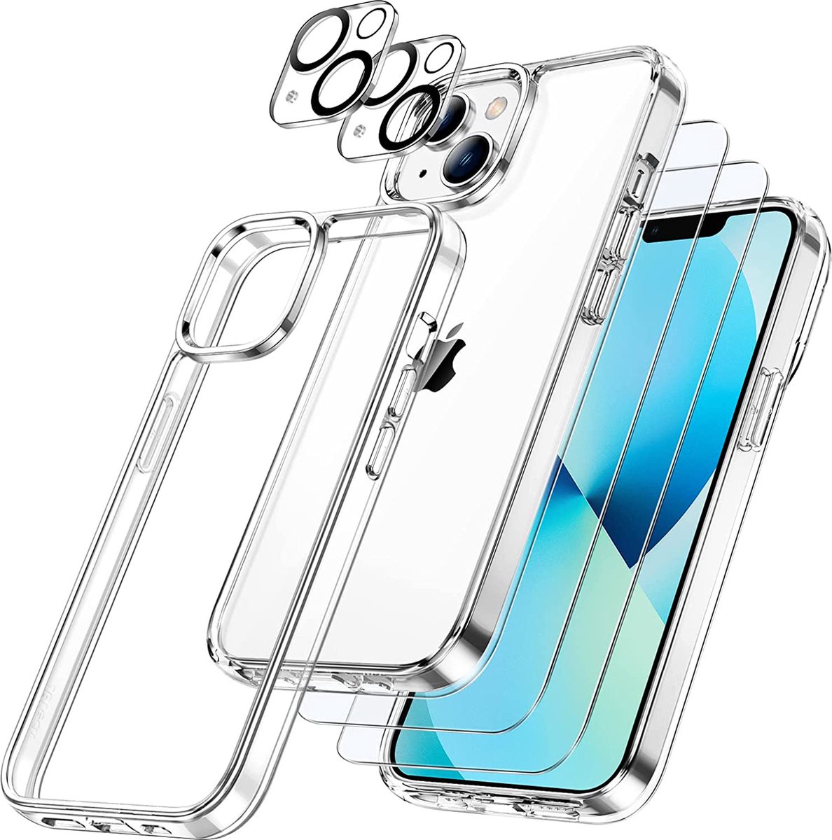 Nuvex Hoesje geschikt voor iPhone 13 mini Transparant - Bundel met 2x Screenprotector + 2x Cameraprotector - Telefoonhoesje met Beschermglas - Case Doorzichtig