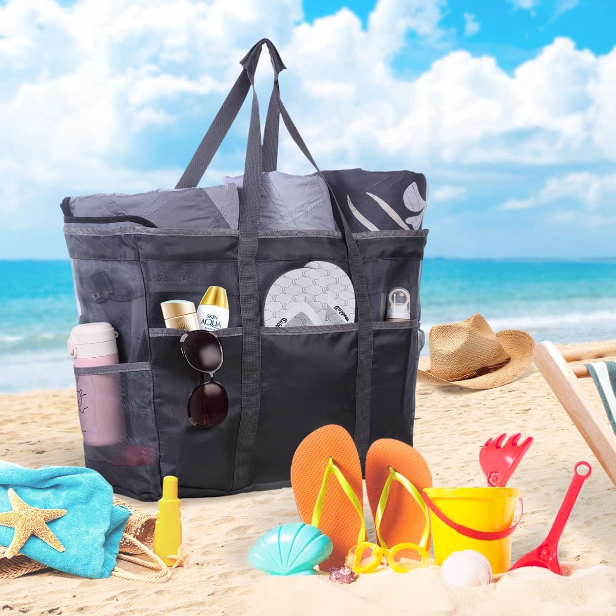 Sac De Plage Grand Format Imperméable Avec Zip - 55x39x15 Cm, PU, Compartiment Principal + Poche Externe, Idéal Pour Vacances Et Shopping - 11